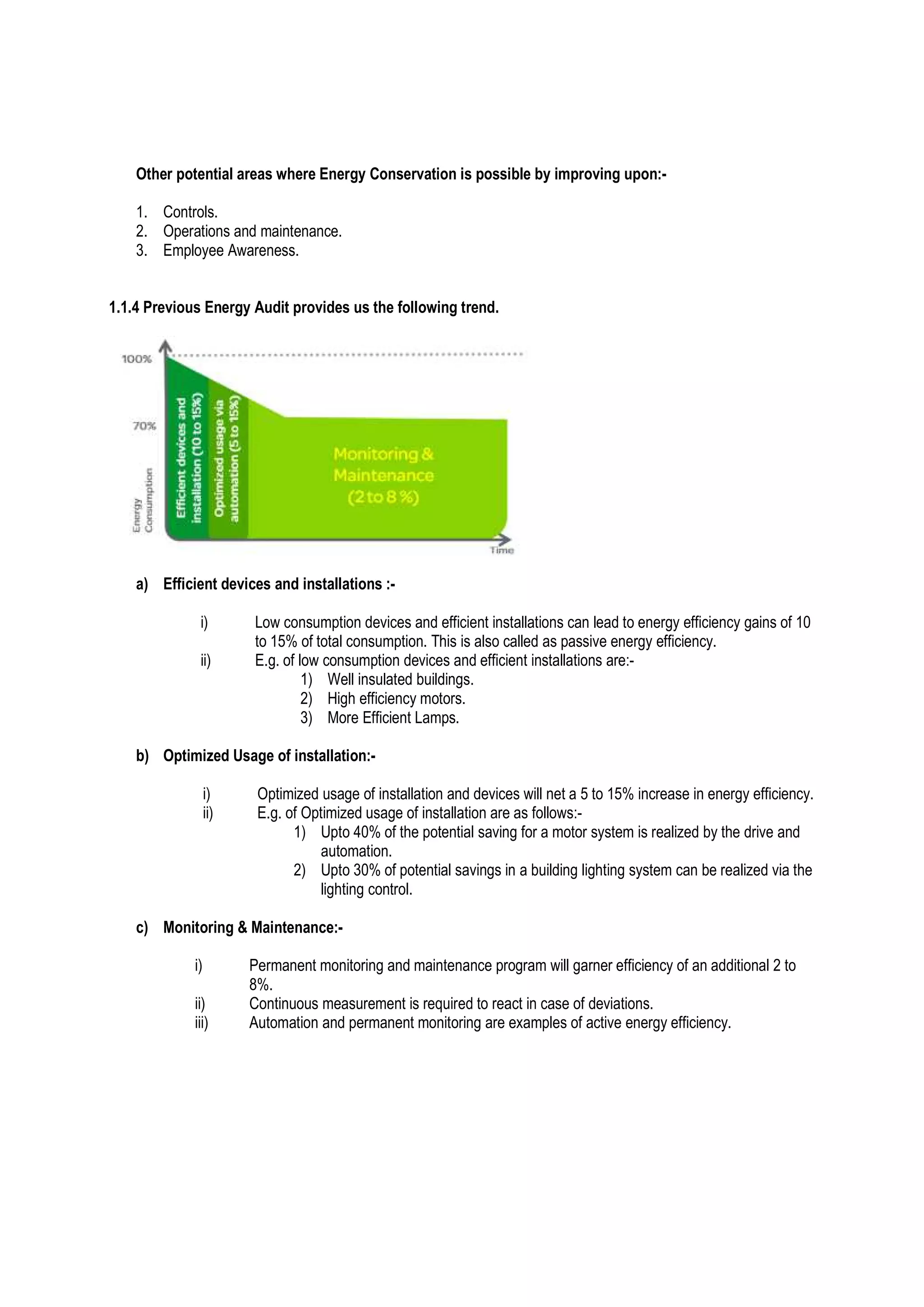 Other potential areas where Energy Conservation is possible by improving upon:-
1. Controls.
2. Operations and maintenance.
3. Employee Awareness.
1.1.4 Previous Energy Audit provides us the following trend.
a) Efficient devices and installations :-
i) Low consumption devices and efficient installations can lead to energy efficiency gains of 10
to 15% of total consumption. This is also called as passive energy efficiency.
ii) E.g. of low consumption devices and efficient installations are:-
1) Well insulated buildings.
2) High efficiency motors.
3) More Efficient Lamps.
b) Optimized Usage of installation:-
i) Optimized usage of installation and devices will net a 5 to 15% increase in energy efficiency.
ii) E.g. of Optimized usage of installation are as follows:-
1) Upto 40% of the potential saving for a motor system is realized by the drive and
automation.
2) Upto 30% of potential savings in a building lighting system can be realized via the
lighting control.
c) Monitoring & Maintenance:-
i) Permanent monitoring and maintenance program will garner efficiency of an additional 2 to
8%.
ii) Continuous measurement is required to react in case of deviations.
iii) Automation and permanent monitoring are examples of active energy efficiency.
 