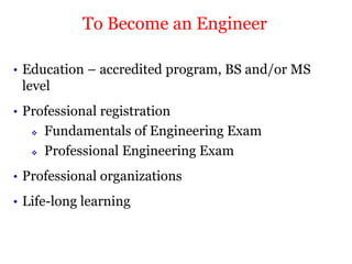 • Education – accredited program, BS and/or MS
level
• Professional registration
 Fundamentals of Engineering Exam
 Professional Engineering Exam
• Professional organizations
• Life-long learning
To Become an Engineer
 