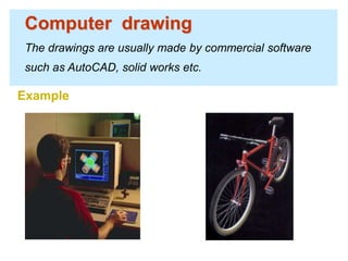 Computer drawing
The drawings are usually made by commercial software
such as AutoCAD, solid works etc.
Example
 