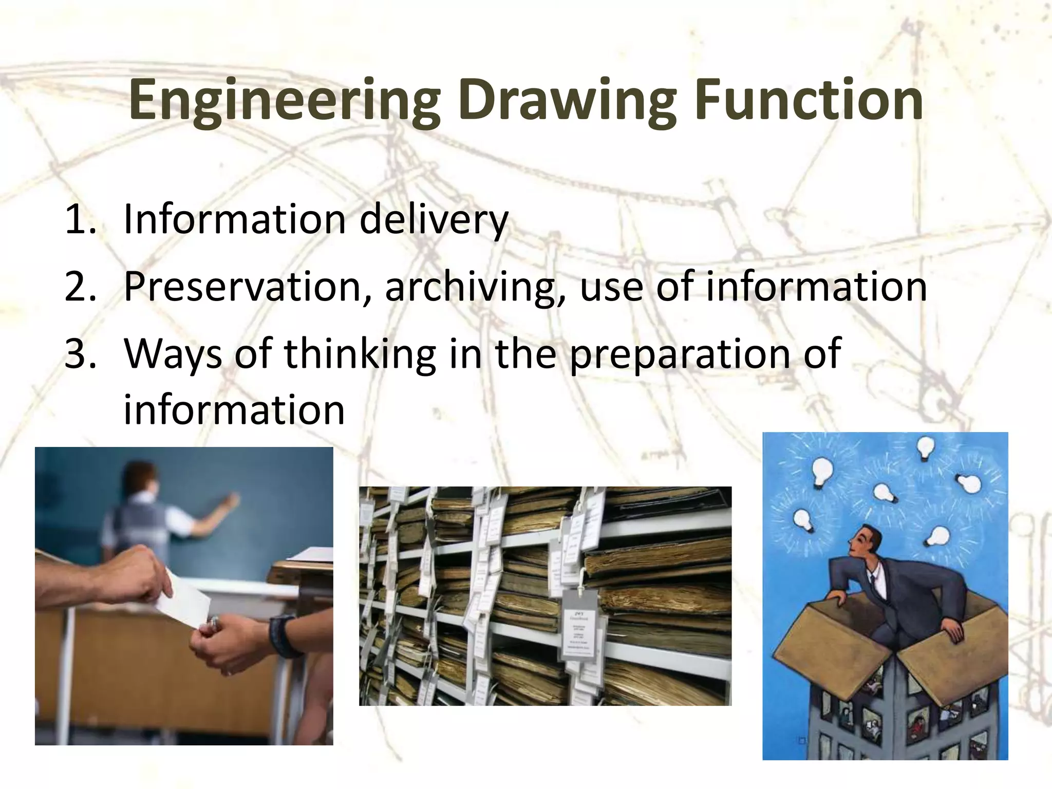 Engineering Drawing Function
1. Information delivery
2. Preservation, archiving, use of information
3. Ways of thinking in the preparation of
information
 