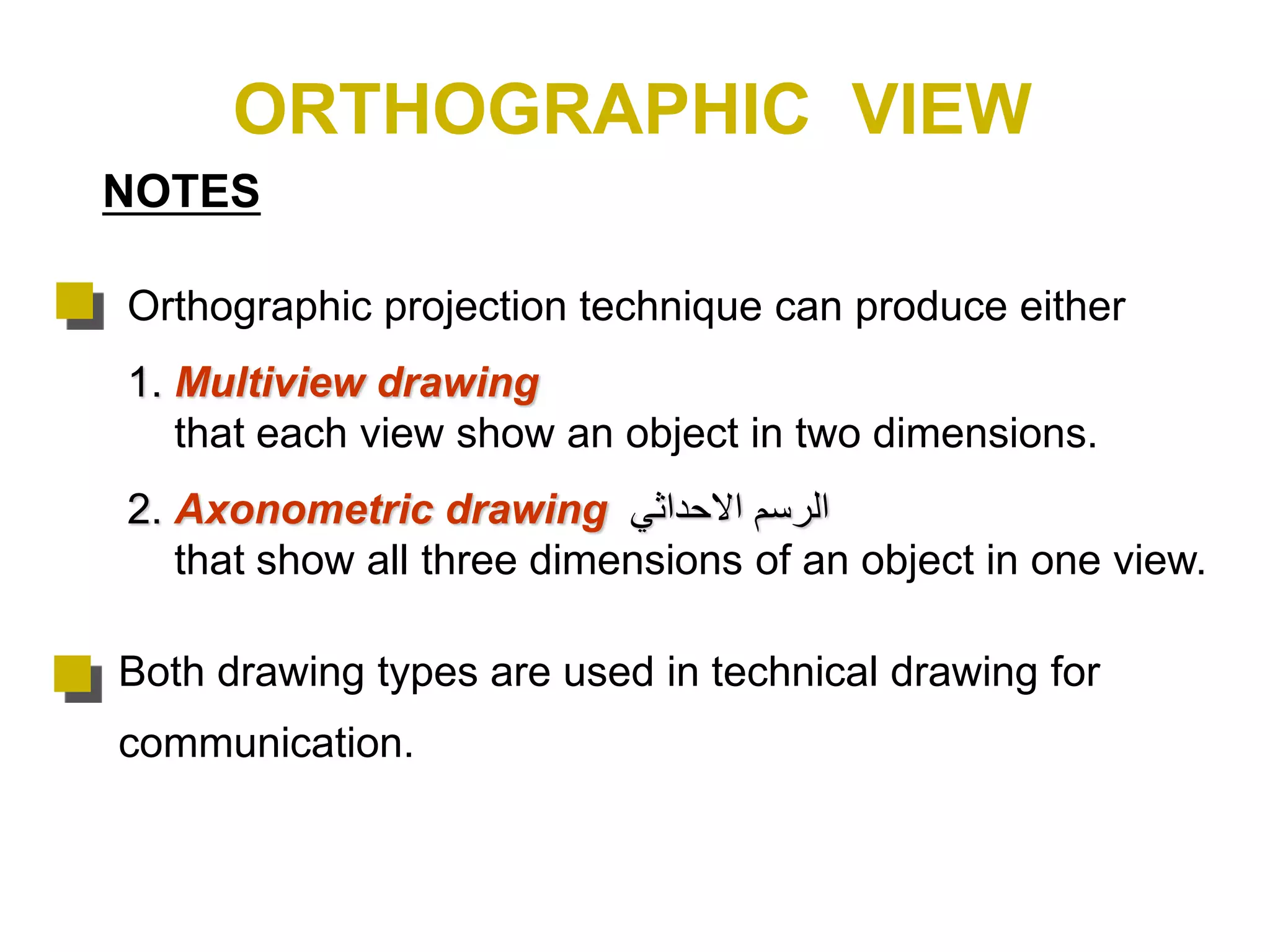 Orthographic projection technique can produce either
1. Multiview drawing
that each view show an object in two dimensions.
2. Axonometric drawing ‫االحداثي‬ ‫الرسم‬
that show all three dimensions of an object in one view.
Both drawing types are used in technical drawing for
communication.
NOTES
ORTHOGRAPHIC VIEW
 
