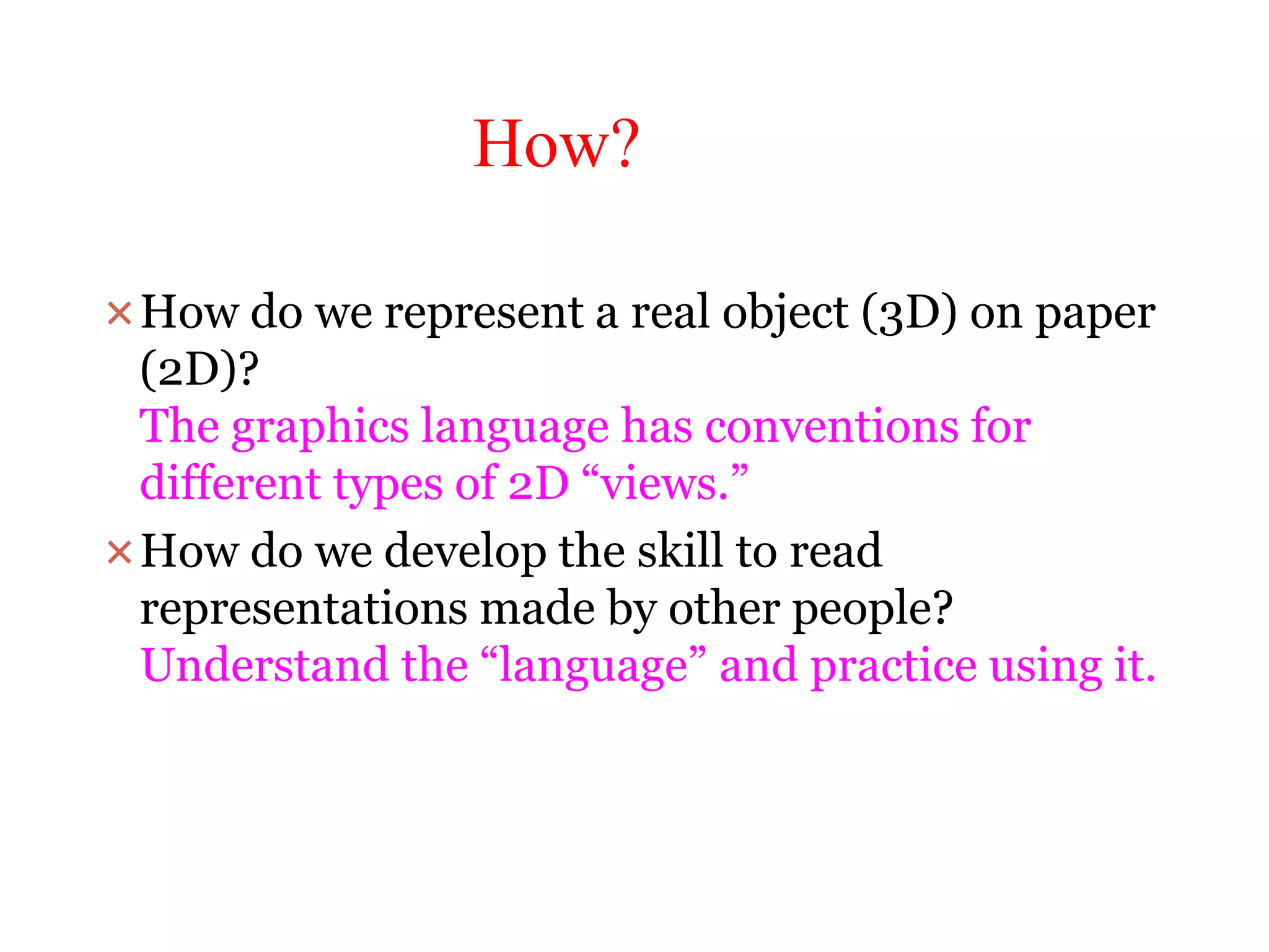 How?
How do we represent a real object (3D) on paper
(2D)?
The graphics language has conventions for
different types of 2D “views.”
How do we develop the skill to read
representations made by other people?
Understand the “language” and practice using it.
 