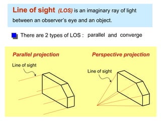 Line of sight (LOS) is an imaginary ray of light
between an observer’s eye and an object.
Line of sight
Parallel projection
Line of sight
Perspective projection
There are 2 types of LOS : parallel convergeand
 