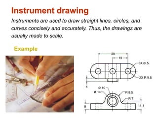 Instrument drawing
Instruments are used to draw straight lines, circles, and
curves concisely and accurately. Thus, the drawings are
usually made to scale.
Example
 