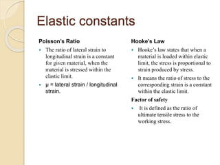 Elastic constants
Poisson’s Ratio
 The ratio of lateral strain to
longitudinal strain is a constant
for given material, when the
material is stressed within the
elastic limit.
 µ = lateral strain / longitudinal
strain.
Hooke’s Law
 Hooke’s law states that when a
material is loaded within elastic
limit, the stress is proportional to
strain produced by stress.
 It means the ratio of stress to the
corresponding strain is a constant
within the elastic limit.
Factor of safety
 It is defined as the ratio of
ultimate tensile stress to the
working stress.
 