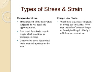 Types of Stress & Strain
Compressive Stress:
 Stress induced in the body when
subjected to two equal and
opposite pushes.
 As a result there is decrease in
length which is defined as
compressive stress.
 Compressive stress acts normal
to the area and it pushes on the
area.
Compressive Strain:
 When there is decrease in length
of a body due to external force,
then the ratio of decrease length
to the original length of body is
called compressive strain.
 