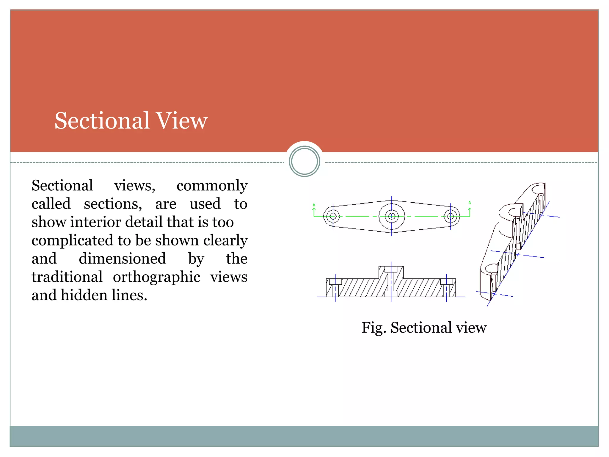 Sectional View
Sectional views, commonly
called sections, are used to
show interior detail that is too
complicated to be shown clearly
and dimensioned by the
traditional orthographic views
and hidden lines.
Fig. Sectional view
 