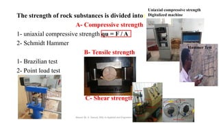 The strength of rock substances is divided into:
A- Compressive strength
1- uniaxial compressive strength qu = F / A
2- Schmidt Hammer
B- Tensile strength
1- Brazilian test
2- Point load test
C- Shear strength
Abazar M. A. Daoud, MSc in Applied and Engineering Geology
Uniaxial compressive strength
Digitalized machine
Hammer Test
Brazilian Test Direct
Sheer Test
 