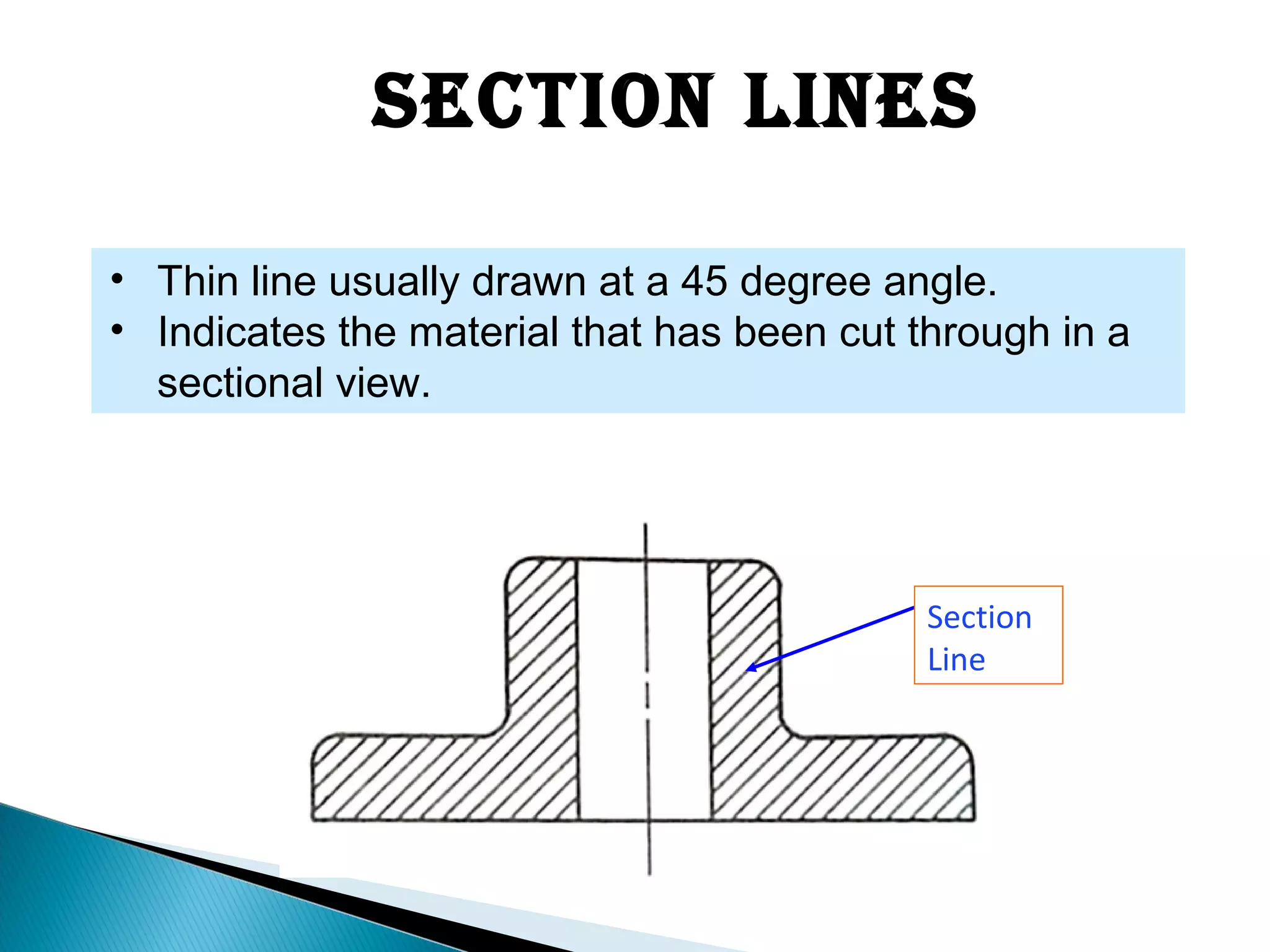 seCtion Lines
• Thin line usually drawn at a 45 degree angle.
• Indicates the material that has been cut through in a
sectional view.
Section
Line
 