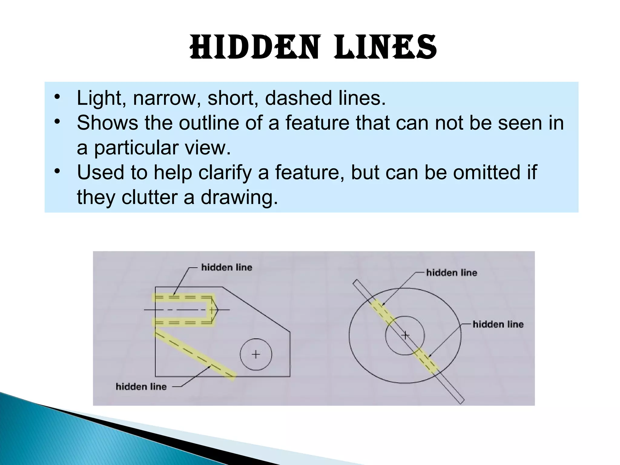 HiDDen Lines
• Light, narrow, short, dashed lines.
• Shows the outline of a feature that can not be seen in
a particular view.
• Used to help clarify a feature, but can be omitted if
they clutter a drawing.
 