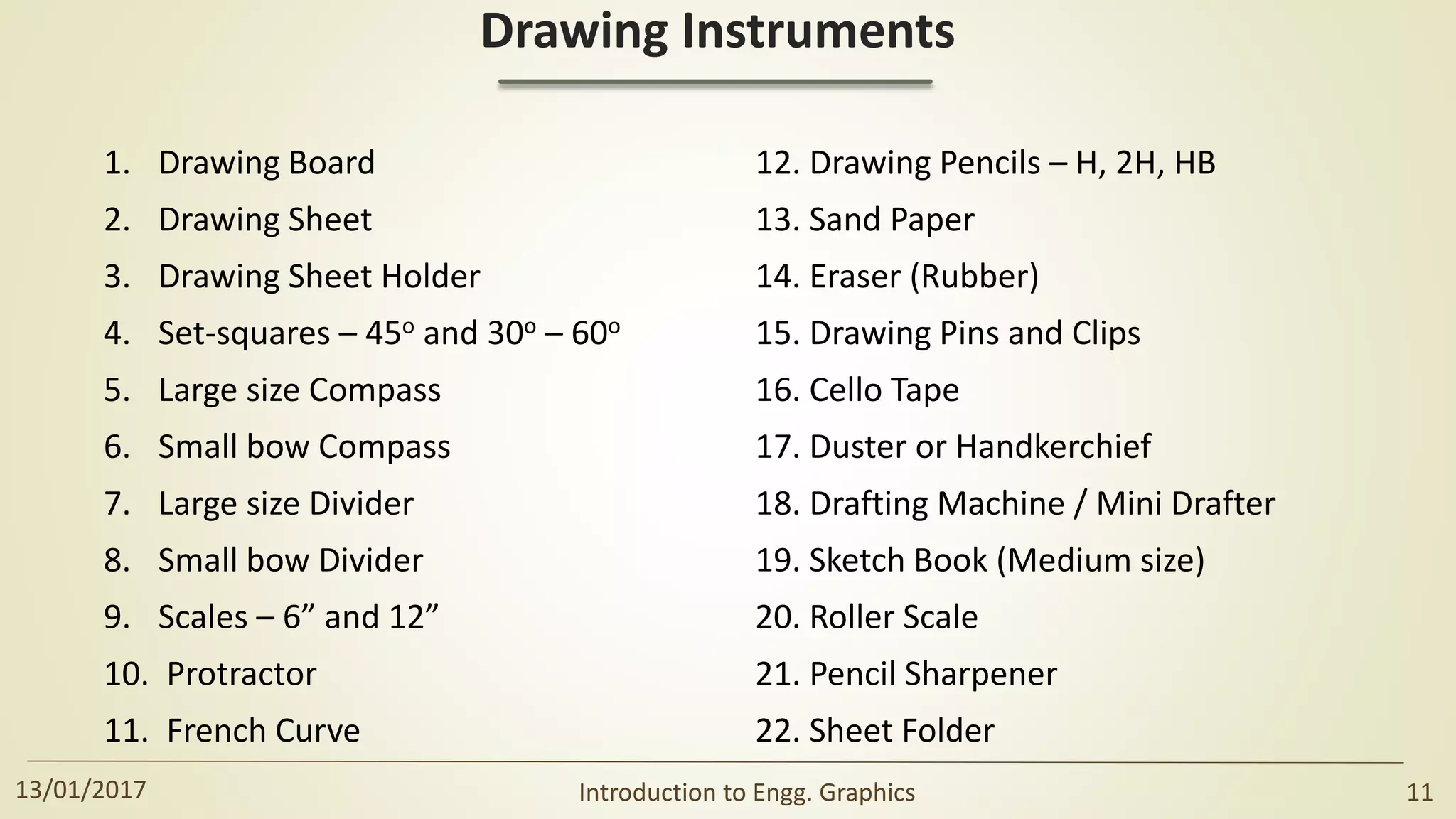 Drawing Instruments
1. Drawing Board
2. Drawing Sheet
3. Drawing Sheet Holder
4. Set-squares – 45o and 30o – 60o
5. Large size Compass
6. Small bow Compass
7. Large size Divider
8. Small bow Divider
9. Scales – 6” and 12”
10. Protractor
11. French Curve
12. Drawing Pencils – H, 2H, HB
13. Sand Paper
14. Eraser (Rubber)
15. Drawing Pins and Clips
16. Cello Tape
17. Duster or Handkerchief
18. Drafting Machine / Mini Drafter
19. Sketch Book (Medium size)
20. Roller Scale
21. Pencil Sharpener
22. Sheet Folder
13/01/2017 Introduction to Engg. Graphics 11
 