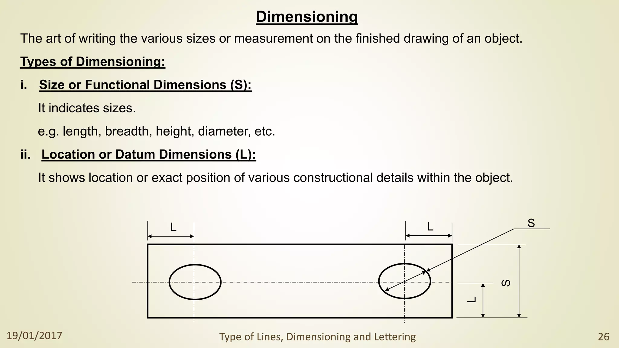 Dimensioning
The art of writing the various sizes or measurement on the finished drawing of an object.
Types of Dimensioning:
i. Size or Functional Dimensions (S):
It indicates sizes.
e.g. length, breadth, height, diameter, etc.
ii. Location or Datum Dimensions (L):
It shows location or exact position of various constructional details within the object.
L S
L
S
L
19/01/2017 Type of Lines, Dimensioning and Lettering 26
 