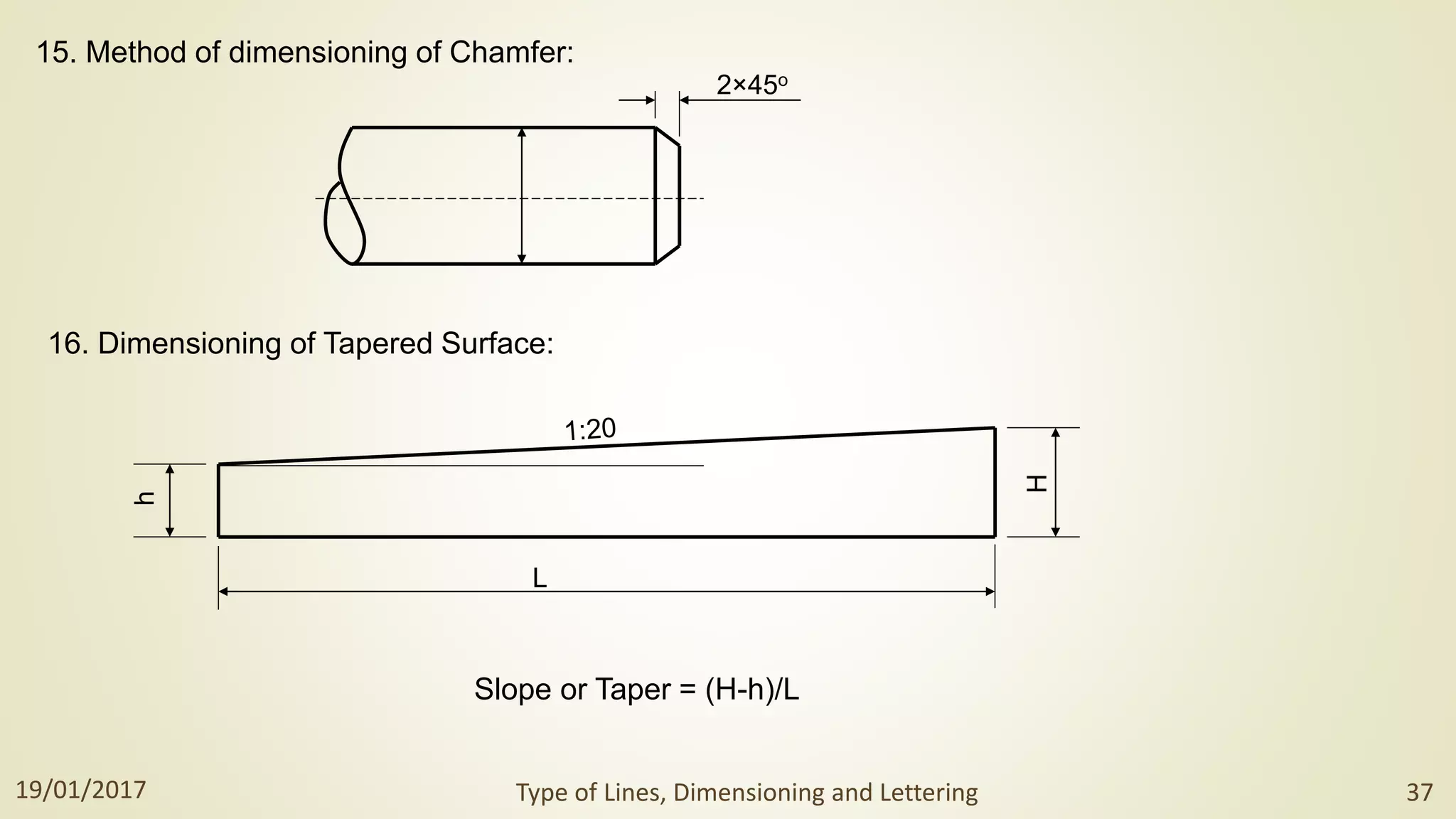 15. Method of dimensioning of Chamfer:
2×45o
16. Dimensioning of Tapered Surface:
L
h
H
Slope or Taper = (H-h)/L
19/01/2017 Type of Lines, Dimensioning and Lettering 37
 