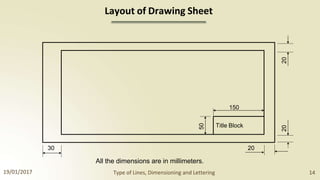 150
Title Block
30 20
Layout of Drawing Sheet
All the dimensions are in millimeters.
19/01/2017 Type of Lines, Dimensioning and Lettering 14
50
20
20
 