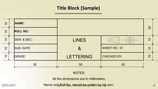 50 50 50
Title Block (Sample)
19/01/2017
NOTES:
All the dimensions are in millimeters.
Name an
Td
ypR
e o
of
llLN
ino
es
.,s
D
h
im
ou
en
ld
sio
bn
e
inw
g r
ain
ttd
eL
net
b
ty
eri
in
ng
k-pen. 15
CHECKED BY:
GRADE:
SHEET NO.: 01
SUB. DATE:
LINES
&
LETTERING
SEM. & SEC.:
ROLL NO.:
NAME:
10
10
10
10
10
10
10
10
20
 