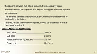 • The spacing between two letters should not be necessarily equal.
• The letters should be so placed that they do not appear too close together
too much apart.
• The distance between the words must be uniform and at least equal to
the height of the letters.
• Lettering, except the dimension figures, should be underlined to make
them more prominent.
Size of Alphabets for Drawing:
Main titles 6-8 mm
Sub titles 3-6 mm
Notes, dimension figures, etc. ---------------3-5 mm
Drawing no. 10-12 mm
19/01/2017 Type of Lines, Dimensioning and Lettering 24
 