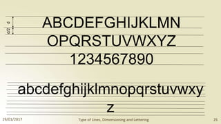 ABCDEFGHIJKLMN
OPQRSTUVWXYZ
1234567890
abcdefghijklmnopqrstuvwxy
z
19/01/2017 Type of Lines, Dimensioning and Lettering 25
d/2
d
 