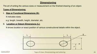 Dimensioning
The art of writing the various sizes or measurement on the finished drawing of an object.
Types of Dimensioning:
i. Size or Functional Dimensions (S):
It indicates sizes.
e.g. length, breadth, height, diameter, etc.
ii. Location or Datum Dimensions (L):
It shows location or exact position of various constructional details within the object.
L L S
19/01/2017 Type of Lines, Dimensioning and Lettering 26
L
S
 