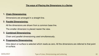 The ways of Placing the Dimensions in a Series
1. Chain Dimensioning:
Dimensions are arranged in a straight line.
2. Parallel Dimensioning:
All the dimensions are shown from a common base line.
The smaller dimension is placed nearer the view.
3. Combined Dimensioning:
Chain and parallel dimensioning used simultaneously.
4. Progressive Dimensioning:
One datum or surface is selected which reads as zero. All the dimensions are referred to that point
or surface.
19/01/2017 Type of Lines, Dimensioning and Lettering 32
 