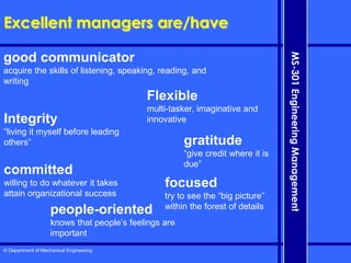 © Department of Mechanical Engineering
MS-301
Engineering
Management
Excellent managers are/have
good communicator
acquire the skills of listening, speaking, reading, and
writing
Integrity
“living it myself before leading
others”
Flexible
multi-tasker, imaginative and
innovative
focused
try to see the “big picture”
within the forest of details
committed
willing to do whatever it takes
attain organizational success
people-oriented
knows that people’s feelings are
important
gratitude
“give credit where it is
due”
 