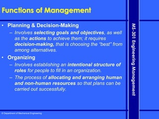 © Department of Mechanical Engineering
MS-301
Engineering
Management
Functions of Management
• Planning & Decision-Making
– Involves selecting goals and objectives, as well
as the actions to achieve them; it requires
decision-making, that is choosing the “best” from
among alternatives.
• Organizing
– Involves establishing an intentional structure of
roles for people to fill in an organization.
– The process of allocating and arranging human
and non-human resources so that plans can be
carried out successfully.
 