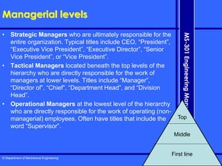 © Department of Mechanical Engineering
MS-301
Engineering
Management
Managerial levels
• Strategic Managers who are ultimately responsible for the
entire organization. Typical titles include CEO, “President”,
“Executive Vice President”, “Executive Director”, “Senior
Vice President”, or “Vice President”.
• Tactical Managers located beneath the top levels of the
hierarchy who are directly responsible for the work of
managers at lower levels. Titles include “Manager”,
“Director of”, “Chief”, “Department Head”, and “Division
Head”.
• Operational Managers at the lowest level of the hierarchy
who are directly responsible for the work of operating (non-
managerial) employees. Often have titles that include the
word “Supervisor”.
Top
Middle
First line
 