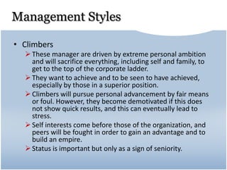 Management Styles
• Climbers
These manager are driven by extreme personal ambition
and will sacrifice everything, including self and family, to
get to the top of the corporate ladder.
They want to achieve and to be seen to have achieved,
especially by those in a superior position.
Climbers will pursue personal advancement by fair means
or foul. However, they become demotivated if this does
not show quick results, and this can eventually lead to
stress.
Self interests come before those of the organization, and
peers will be fought in order to gain an advantage and to
build an empire.
Status is important but only as a sign of seniority.
 