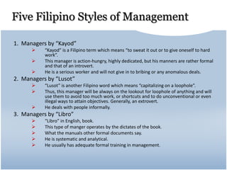 Five Filipino Styles of Management
1. Managers by “Kayod”
 “Kayod” is a Filipino term which means “to sweat it out or to give oneself to hard
work”.
 This manager is action-hungry, highly dedicated, but his manners are rather formal
and that of an introvert.
 He is a serious worker and will not give in to bribing or any anomalous deals.
2. Managers by “Lusot”
 “Lusot” is another Filipino word which means “capitalizing on a loophole”.
 Thus, this manager will be always on the lookout for loophole of anything and will
use them to avoid too much work, or shortcuts and to do unconventional or even
illegal ways to attain objectives. Generally, an extrovert.
 He deals with people informally.
3. Managers by “Libro”
 “Libro” in English, book.
 This type of manger operates by the dictates of the book.
 What the manuals other formal documents say.
 He is systematic and analytical.
 He usually has adequate formal training in management.
 