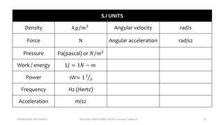 ENGINEERING MECHANICS KOVVURI VINAY KUMAR REDDY, Assistant Professor 12
S.I UNITS
Density 𝑘𝑔/𝑚3 Angular velocity rad/s
Force N Angular acceleration rad/s2
Pressure Pa(pascal) or 𝑁/𝑚2
Work / energy 1𝐽 = 1𝑁 − 𝑚
Power 1W= 1 𝐽
𝑆
Frequency Hz (Hertz)
Acceleration m/s2
 