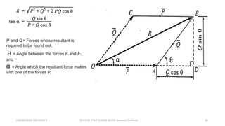 ENGINEERING MECHANICS KOVVURI VINAY KUMAR REDDY, Assistant Professor 26
P and Q= Forces whose resultant is
required to be found out,
ɵ = Angle between the forces F1 and F2,
and
α = Angle which the resultant force makes
with one of the forces P.
 