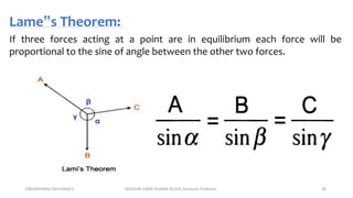 ENGINEERING MECHANICS KOVVURI VINAY KUMAR REDDY, Assistant Professor 28
Lame‟s Theorem:
If three forces acting at a point are in equilibrium each force will be
proportional to the sine of angle between the other two forces.
 