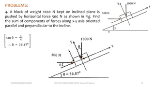 ENGINEERING MECHANICS KOVVURI VINAY KUMAR REDDY, Assistant Professor 33
PROBLEMS:
4. A block of weight 1000 N kept on inclined plane is
pushed by horizontal force 500 N as shown in Fig. Find
the sum of components of forces along x-y axis oriented
parallel and perpendicular to the incline.
 