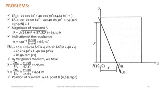 ENGINEERING MECHANICS KOVVURI VINAY KUMAR REDDY, Assistant Professor 56
PROBLEMS:
 ΣFX= −20 cos 60° + 40 cos 30°=24.64 N( → )
 ΣFY=−20− 20 sin 60° − 40+40 sin 30° =−57.32N
=57.32N( ↓ )
 Magnitude of resultant R
R= (24.642 + 57.322) = 62.39 N
 Inclination of the resultant ɵ
ɵ = tan−1 57.32
24.64
= 66.74°
ΣMH= 20 x 1 -20 cos 60° x 4 +20 sin 60° x1 + 40 x 4
+ 40 cos 30° x l - 40 sin 30°x4
= 111.96 N-m (↻)
 By Varignon’s theorem, we have
X =
ΣMA
ΣFy
=
111.96
57.32
= 1.95 m
Y =
ΣMA
ΣFx
=
111.96
24.64
= 4.54 m
 Position of resultant w.r.t. point H (0,0) (Fig.c)
 