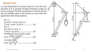 ENGINEERING MECHANICS KOVVURI VINAY KUMAR REDDY, Assistant Professor 61
PROBLEMS:
13. A bar AB pinned at A carries a load W= 5 kN. The cord
attached at B is passing through frictionless pulley as
shown in (Fig.a). Find the compression in the bar AB and
also the limiting value of the tension in cord when bar
approaches the vertical position.
ΣFY= 0
𝑅𝐴 sin 𝛳 +T sin 𝛽 - 5000 = 0
T sin 𝛽 = 5000 - 𝑅𝐴 sin 𝛳 .....................(i)
ΣFx= 0
𝑅𝐴 cos 𝛳 -T cos 𝛽 = 0
T cos 𝛽 = 𝑅𝐴 cos 𝛳 ..............................(ii)
Dividing Eq. (i) by Eq. (ii), we get
tan 𝛽 =
5000 − 𝑅𝐴 sin 𝛳
𝑅𝐴 cos 𝛳
.......................(iii)
Consider, ∆DBC
tan 𝛽 =
𝐶𝐷
𝐵𝐷
=
𝐴𝐶−𝐴𝐷
𝐵𝐷
................................(Iv)
 