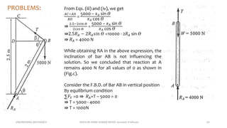 ENGINEERING MECHANICS KOVVURI VINAY KUMAR REDDY, Assistant Professor 62
PROBLEMS: From Eqs. (iii) and (iv), we get
𝐴𝐶−𝐴𝐷
𝐵𝐷
=
5000 − 𝑅𝐴 sin 𝛳
𝑅𝐴 cos 𝛳
⇛
2.5−2𝑠𝑖𝑛 𝛳
2𝑐𝑜𝑠 𝛳
=
5000 − 𝑅𝐴 sin 𝛳
𝑅𝐴 cos 𝛳
⇛2.5𝑅𝐴 − 2𝑅𝐴𝑠𝑖𝑛 𝛳 =10000 - 2𝑅𝐴 sin 𝛳
⇛ 𝑅𝐴 = 4000 N
While obtaining RA in the above expression, the
inclination of bar AB is not influencing the
solution. So we concluded that reaction at A
remains 4000 N for all values of 0 as shown in
(Fig.c).
Consider the F.B.D. of Bar AB in vertical position
By equilibrium condition
∑𝐹𝑌 =0 ⇛ 𝑅𝐴+T – 5000 = 0
⇛ T = 5000 - 4000
⇛ T = 1000N
 