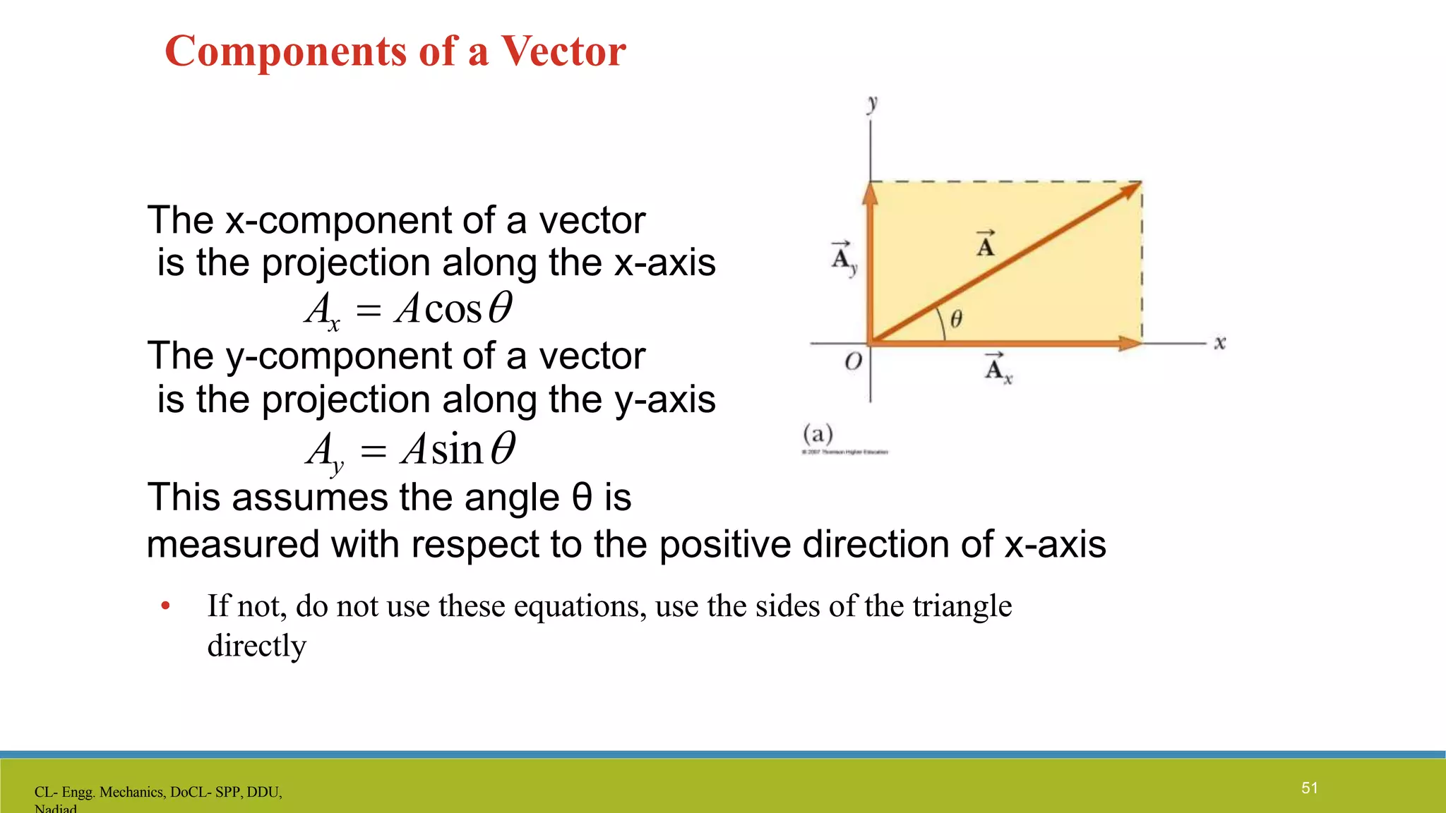 Components of a Vector
The x-component of a vector
is the projection along the x-axis
Ax  Acos
The y-component of a vector
is the projection along the y-axis
Ay  Asin
This assumes the angle θ is
measured with respect to the positive direction of x-axis
• If not, do not use these equations, use the sides of the triangle
directly
CL- Engg. Mechanics, DoCL- SPP, DDU, 51
 