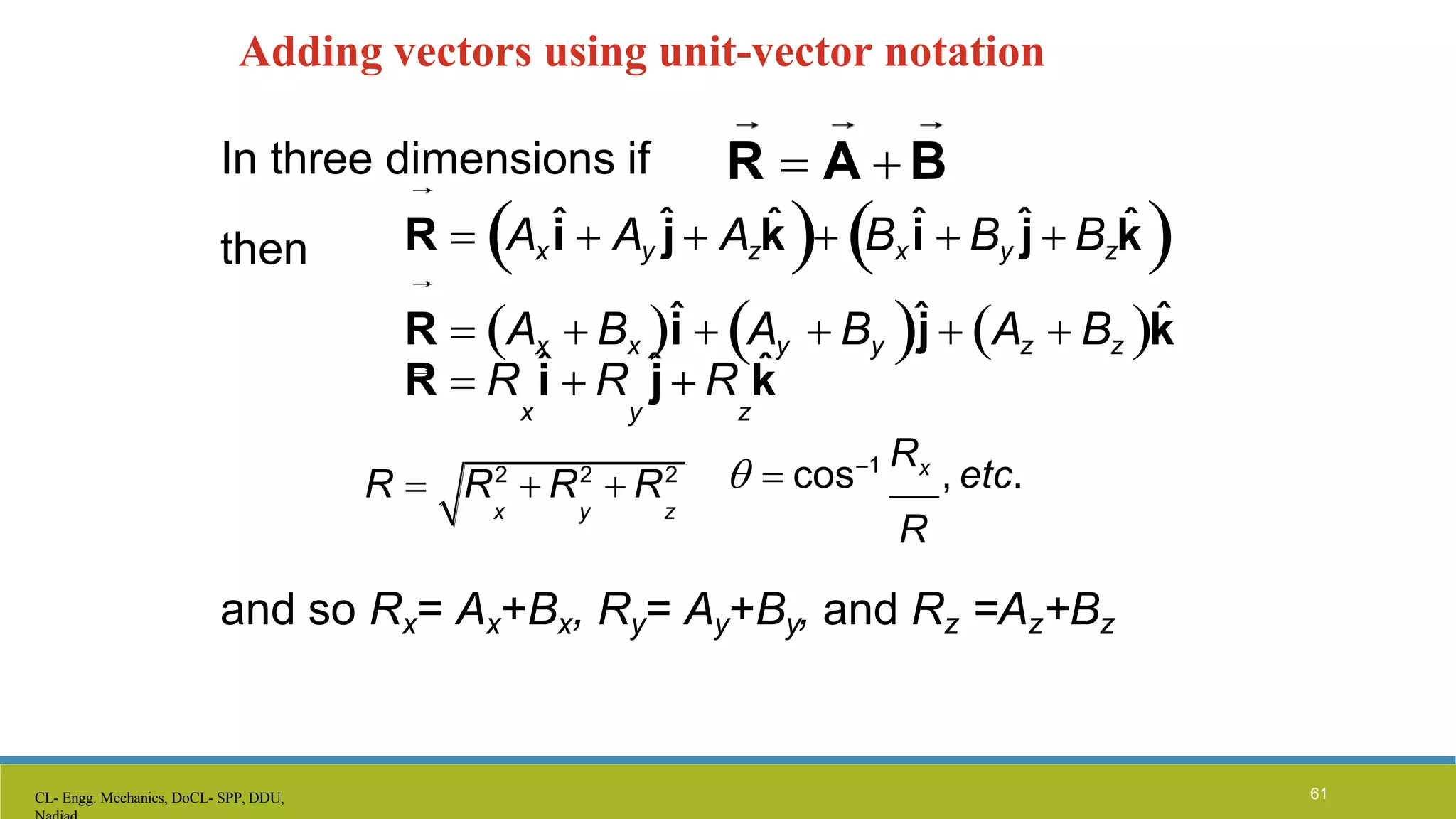 Adding vectors using unit-vector notation
In three dimensions if
then
and so Rx= Ax+Bx, Ry= Ay+By, and Rz =Az+Bz
R  Axî  Ay ĵ  Azk̂ Bxî  By ĵ  Bzk̂
R  Ax  Bx î  Ay  By ĵ  Az  Bz k̂
R  R î  R ĵ  R k̂
x y z
R  R2
 R2
 R2
x y z
  cos1 Rx
, etc.
R
R  A  B
CL- Engg. Mechanics, DoCL- SPP, DDU, 61
 