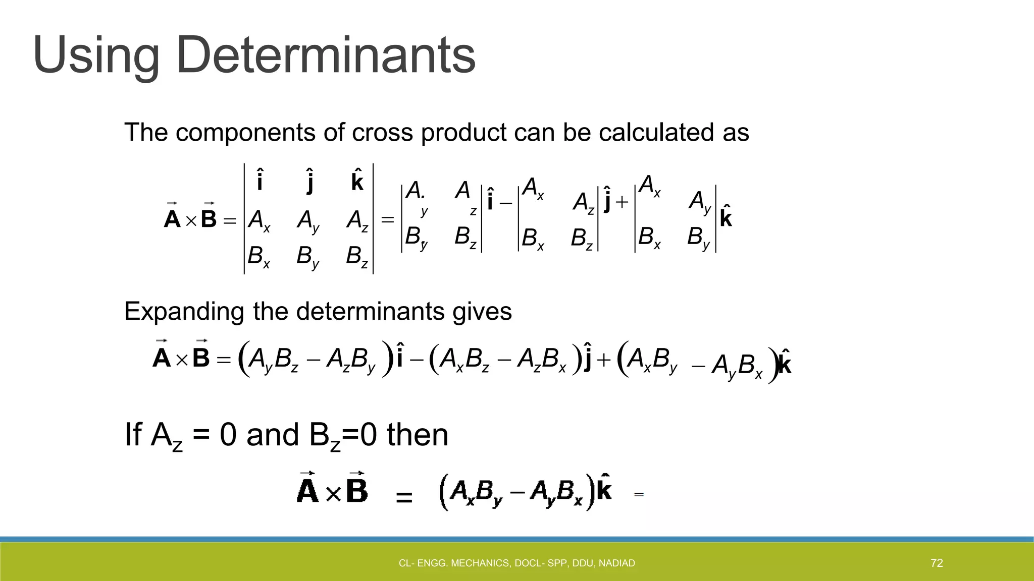 Using Determinants
The components of cross product can be calculated as
Expanding the determinants gives
AB  AyBz  AzBy î  AxBz  AzBx ĵ  AxBy
If Az = 0 and Bz=0 then
=
î ĵ k̂
A A
î 
Ax
ĵ 
Ax
k̂
A. A
 y z
B. B
Ay
B B
Az
B B
x y z
y z x y
x z
x y z
A B  A
B B B
 AyBx k̂
CL- ENGG. MECHANICS, DOCL- SPP, DDU, NADIAD 72
 