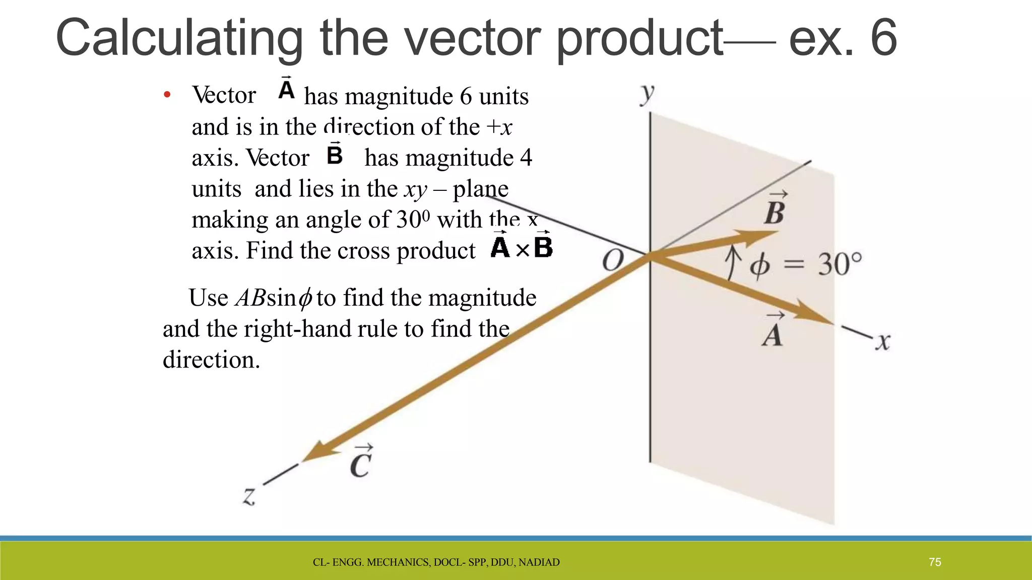CL- ENGG. MECHANICS, DOCL- SPP, DDU, NADIAD
Calculating the vector product— ex. 6
• V
ector has magnitude 6 units
and is in the direction of the +x
axis. V
ector has magnitude 4
units and lies in the xy – plane
making an angle of 300 with the x
axis. Find the cross product
Use ABsin to find the magnitude
and the right-hand rule to find the
direction.
75
 
