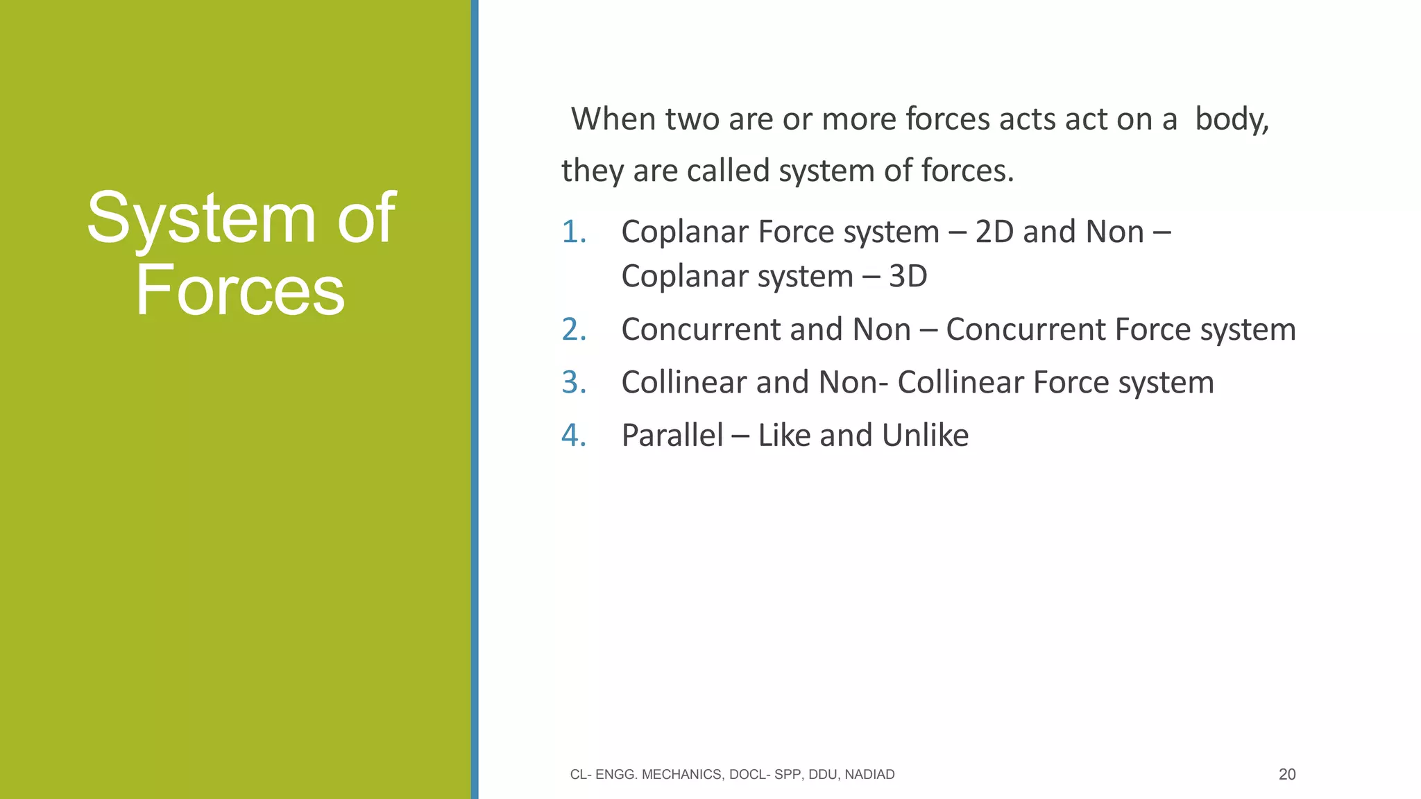 System of
Forces
When two are or more forces acts act on a body,
they are called system of forces.
1. Coplanar Force system – 2D and Non –
Coplanar system – 3D
2. Concurrent and Non – Concurrent Force system
3. Collinear and Non- Collinear Force system
4. Parallel – Like and Unlike
CL- ENGG. MECHANICS, DOCL- SPP, DDU, NADIAD 20
 
