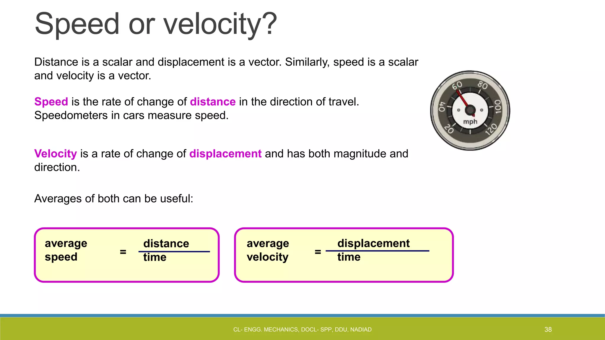 Speed or velocity?
Distance is a scalar and displacement is a vector. Similarly, speed is a scalar
and velocity is a vector.
Speed is the rate of change of distance in the direction of travel.
Speedometers in cars measure speed.
Velocity is a rate of change of displacement and has both magnitude and
direction.
average
speed
average
velocity
Averages of both can be useful:
distance
time
displacement
time
= =
CL- ENGG. MECHANICS, DOCL- SPP, DDU, NADIAD 38
 