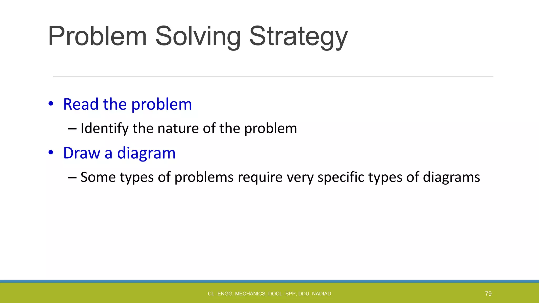 Problem Solving Strategy
• Read the problem
– Identify the nature of the problem
• Draw a diagram
– Some types of problems require very specific types of diagrams
CL- ENGG. MECHANICS, DOCL- SPP, DDU, NADIAD 79
 