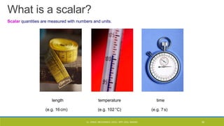 What is a scalar?
Scalar quantities are measured with numbers and units.
length
(e.g. 102 °C)
time
(e.g. 16 cm)
temperature
(e.g. 7 s)
CL- ENGG. MECHANICS, DOCL- SPP, DDU, NADIAD 36
 
