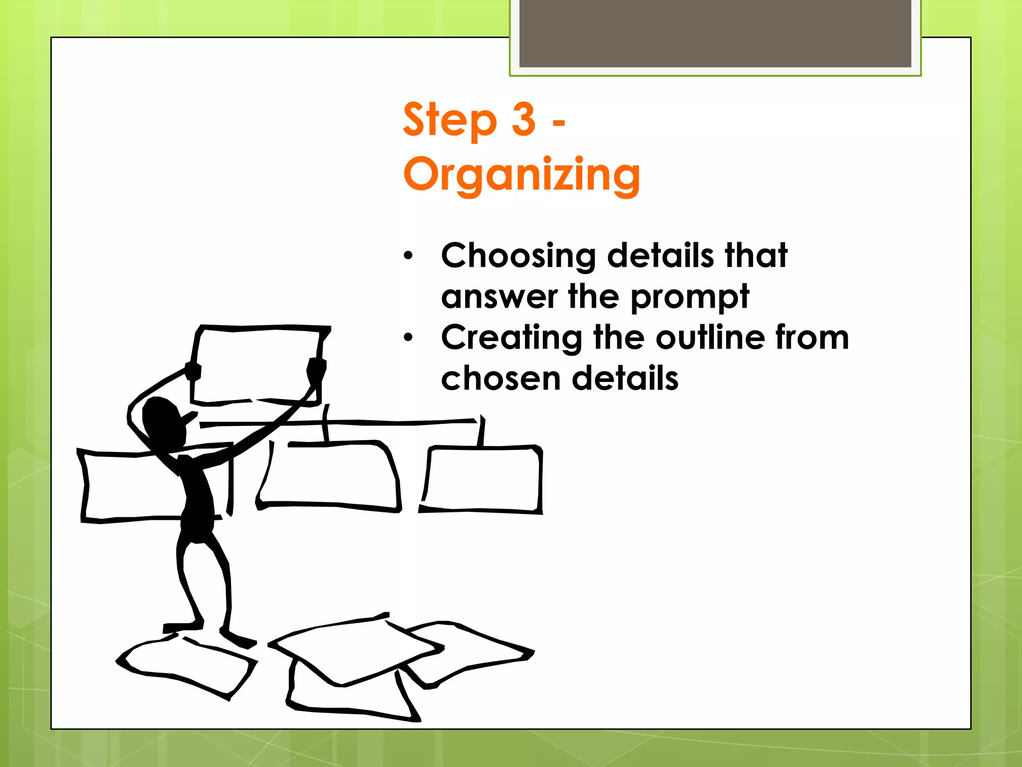 Step 3 -
Organizing
• Choosing details that
  answer the prompt
• Creating the outline from
  chosen details
 
