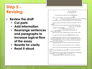Step 5 -
Revising
• Review the draft
   • Cut parts
   • Add information
   • Rearrange sentences
     and paragraphs to
     increase logical flow
     of the essay
   • Rewrite for clarity
   • Read it aloud
 