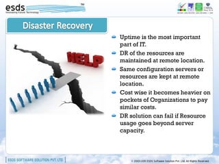 Uptime is the most important
part of IT.
DR of the resources are
maintained at remote location.
Same configuration servers or
resources are kept at remote
location.
Cost wise it becomes heavier on
pockets of Organizations to pay
similar costs.
DR solution can fail if Resource
usage goes beyond server
capacity.
 