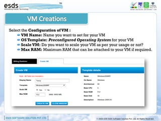 Select the Configuration of VM :
       VM Name: Name you want to set for your VM
       OS Template: Preconfigured Operating System for your VM
       Scale VM: Do you want to scale your VM as per your usage or not?
       Max RAM: Maximum RAM that can be attached to your VM if required.
 