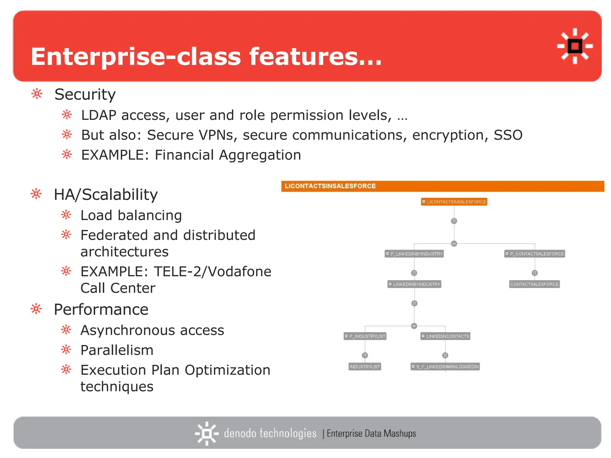 Enterprise-class features… Security LDAP access, user and role permission levels, … But also: Secure VPNs, secure communications, encryption, SSO EXAMPLE: Financial Aggregation HA/Scalability Load balancing Federated and distributed architectures EXAMPLE: TELE-2/Vodafone Call Center Performance Asynchronous access Parallelism Execution Plan Optimization techniques 