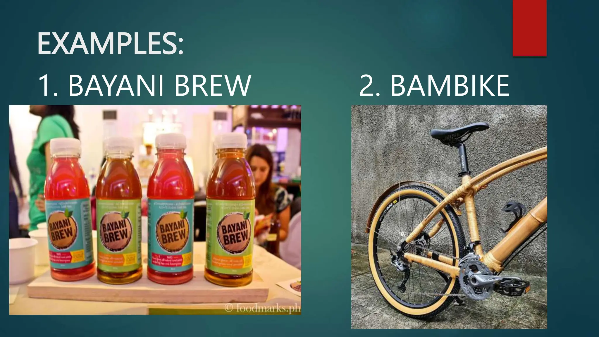 EXAMPLES:
1. BAYANI BREW 2. BAMBIKE
 