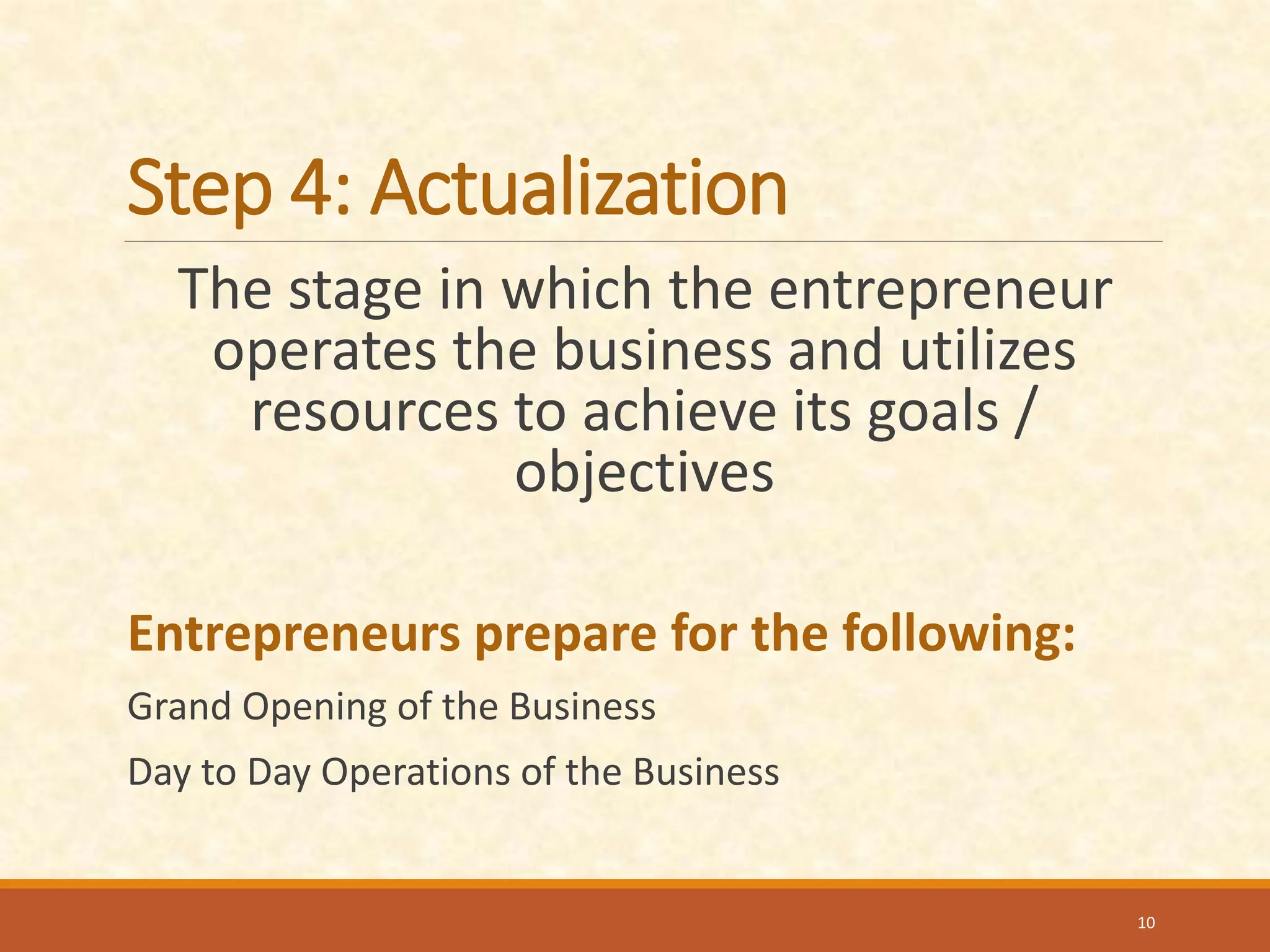 Step 4: Actualization
The stage in which the entrepreneur
operates the business and utilizes
resources to achieve its goals /
objectives
Entrepreneurs prepare for the following:
Grand Opening of the Business
Day to Day Operations of the Business
10
 